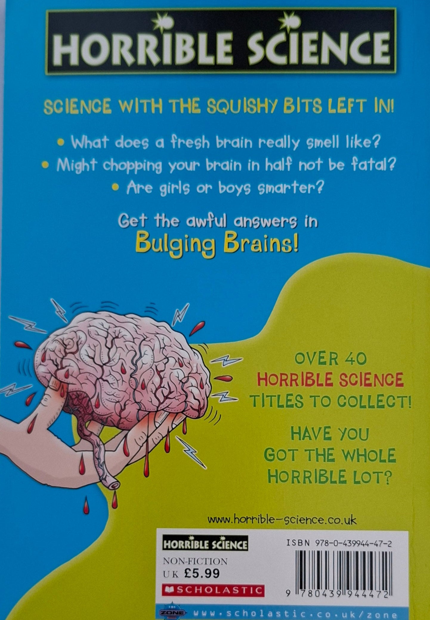 Back cover of a 'Horrible Science' book titled 'Bulging Brains' with a brain illustration and promotional text.