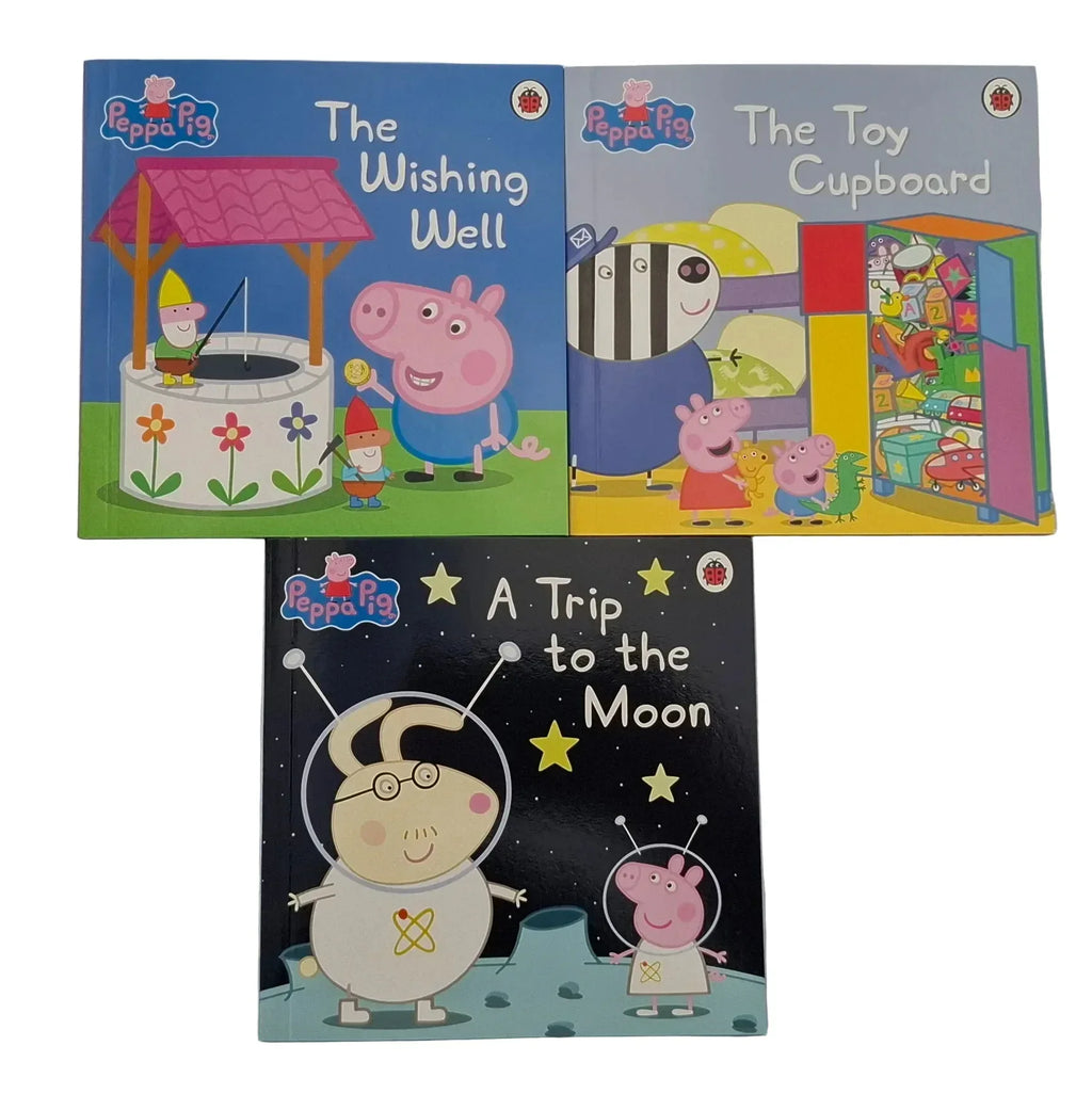 3 Mini Peppa Pig books - The Wishing Well, The Toy Cupboard, and A Trip to the Moon - Books4happiness 