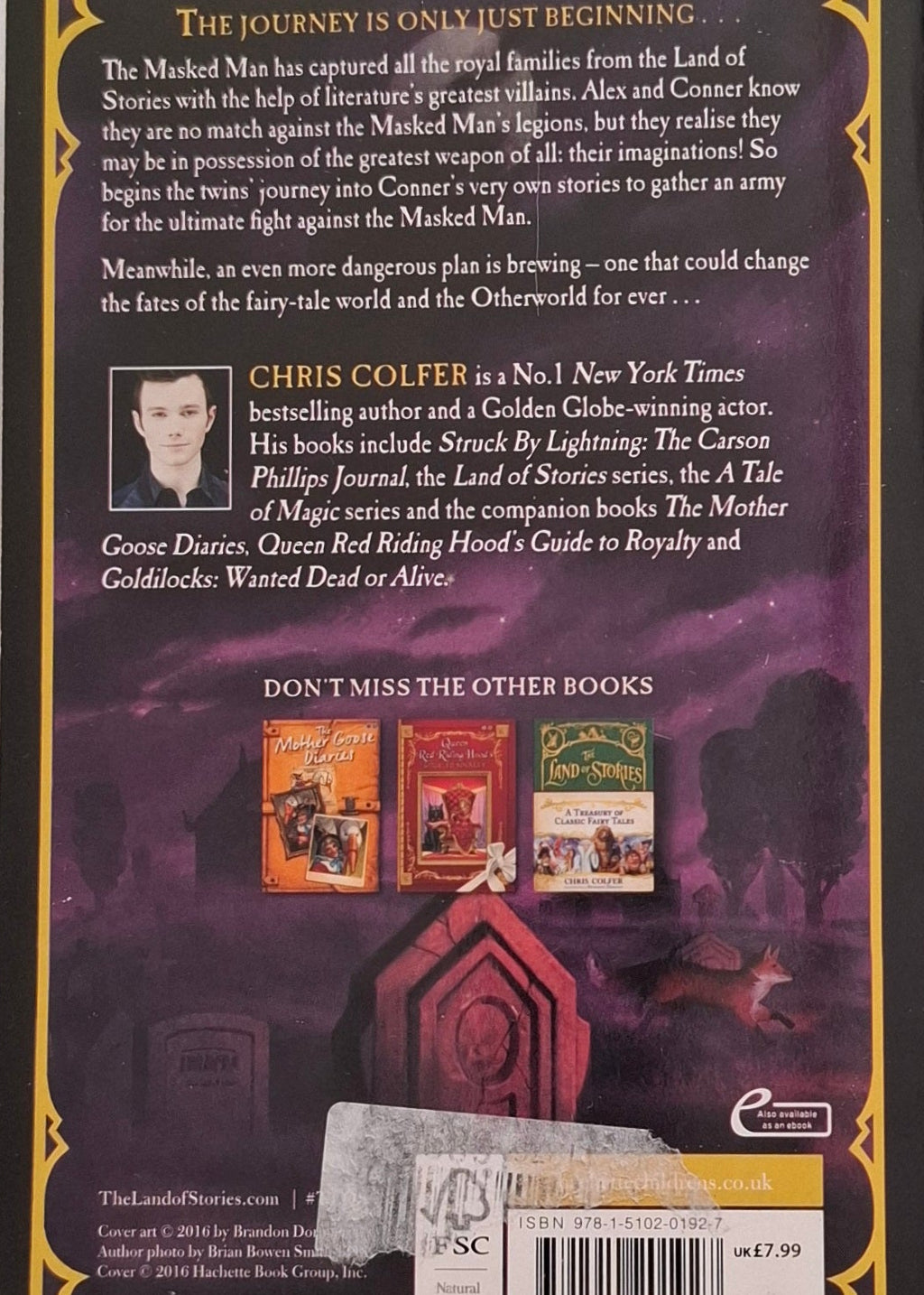 Back cover of a book with text and images of other books on a white background