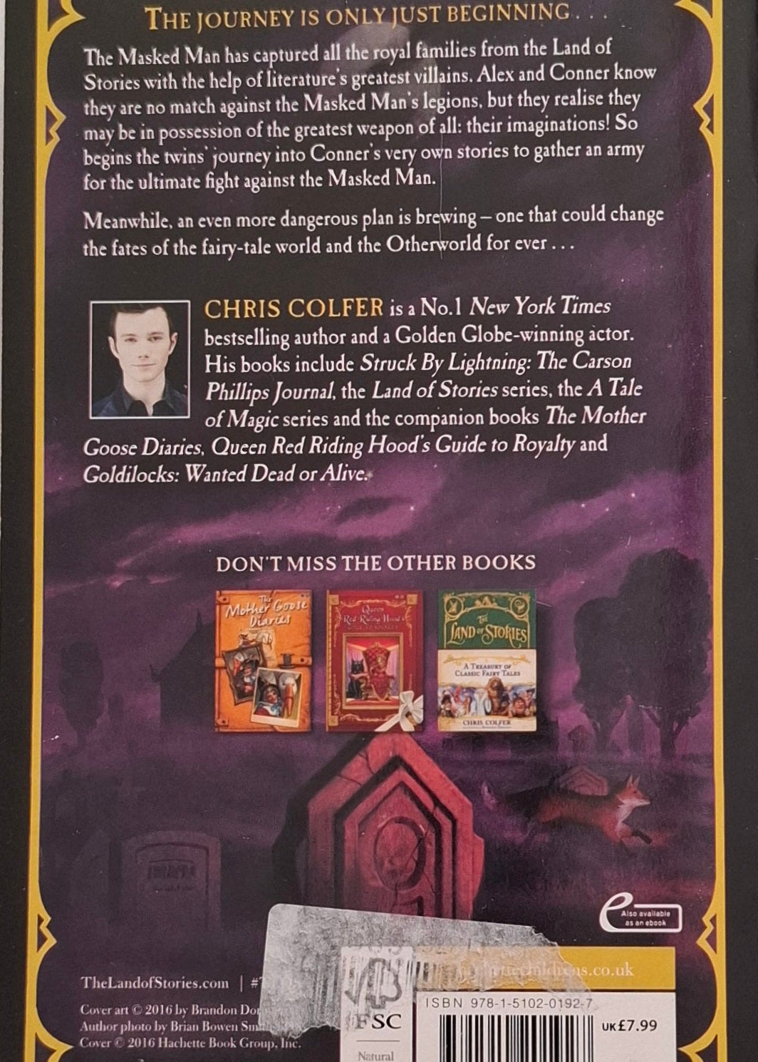 Back cover of a book with text and images of other books on a white background