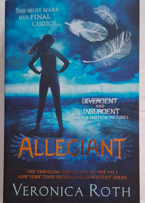 Book cover of 'Allegiant' by Veronica Roth with a silhouette and feathers on a blue background.