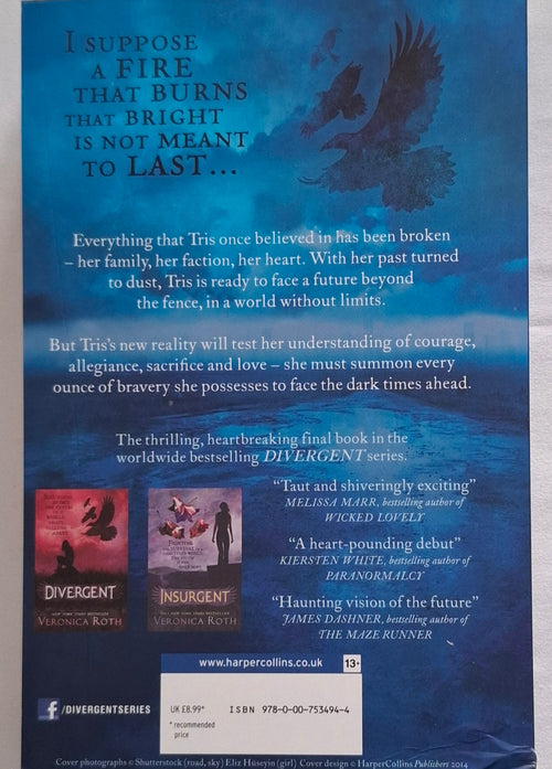Back cover of a book with text and images related to the Divergent series