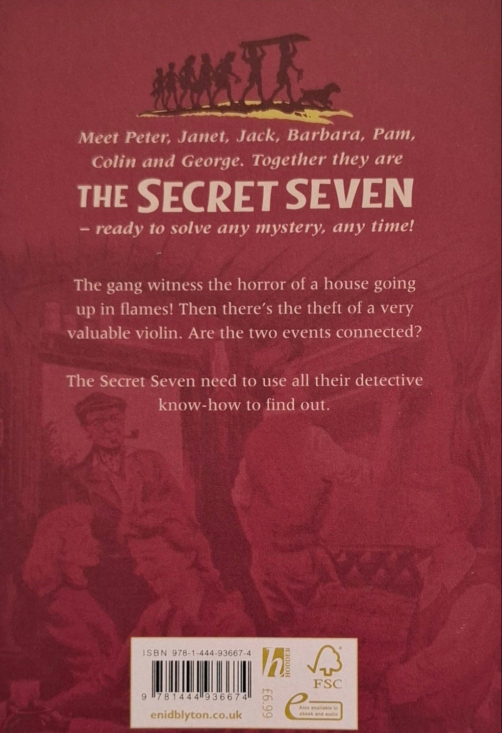 Back cover of a book titled 'The Secret Seven' with text and illustrations.