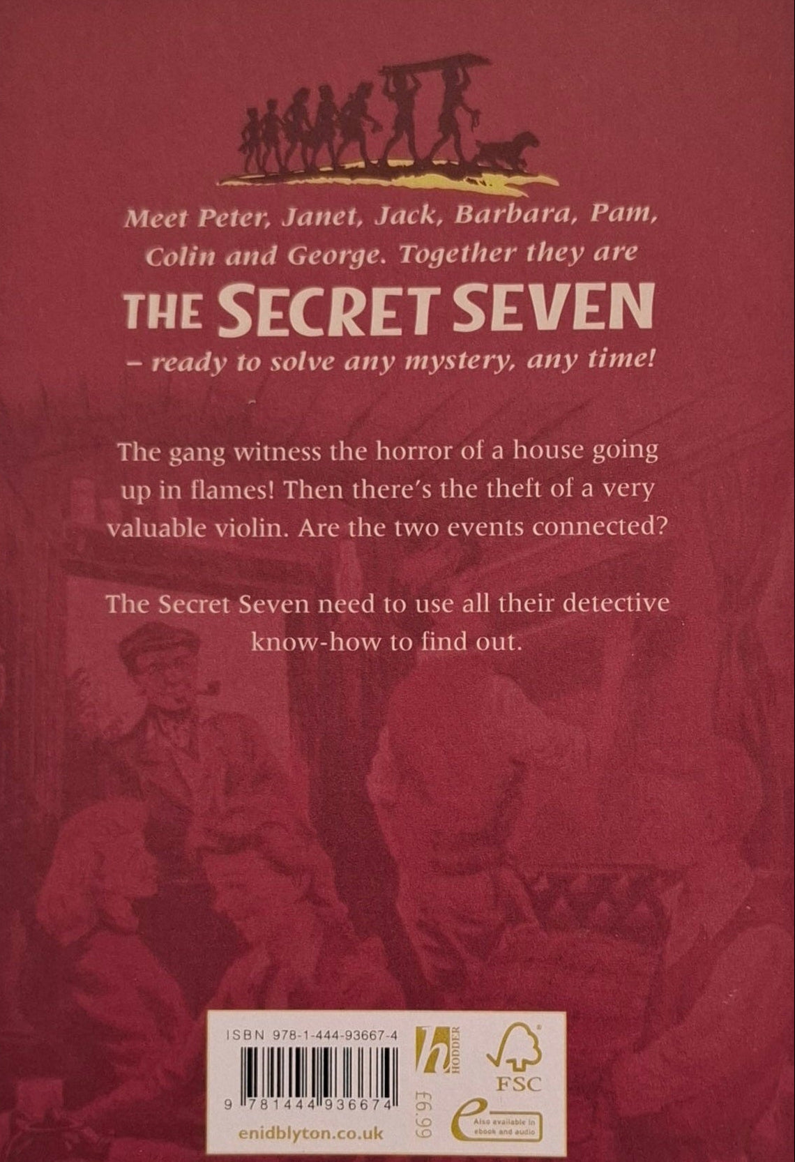 Back cover of a book titled 'The Secret Seven' with text and illustrations.