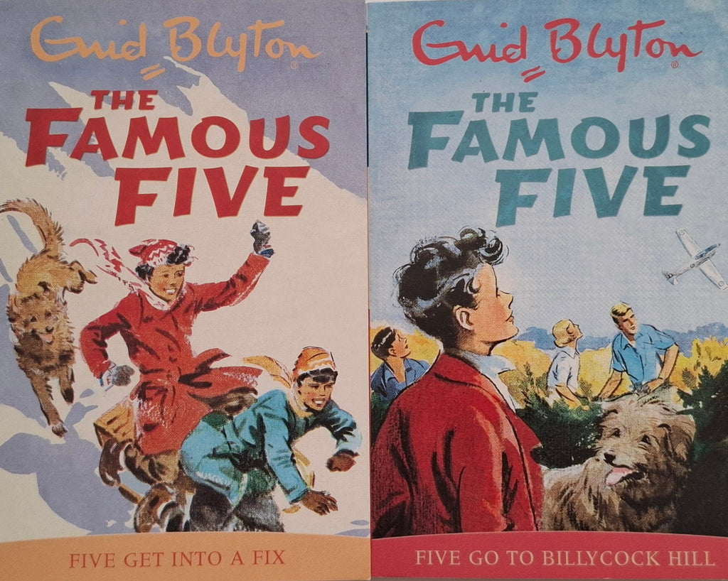 Two books from 'The Famous Five' series by Enid Blyton on a gray background