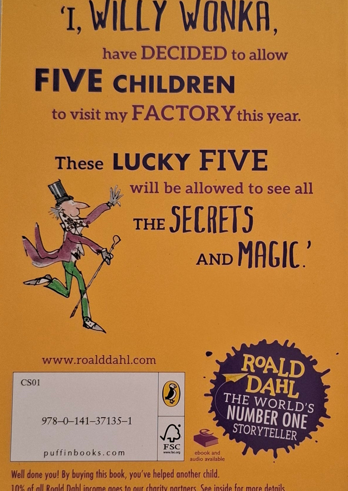 Book cover of 'Willy Wonka & the Chocolate Factory' with text and illustration on a yellow background