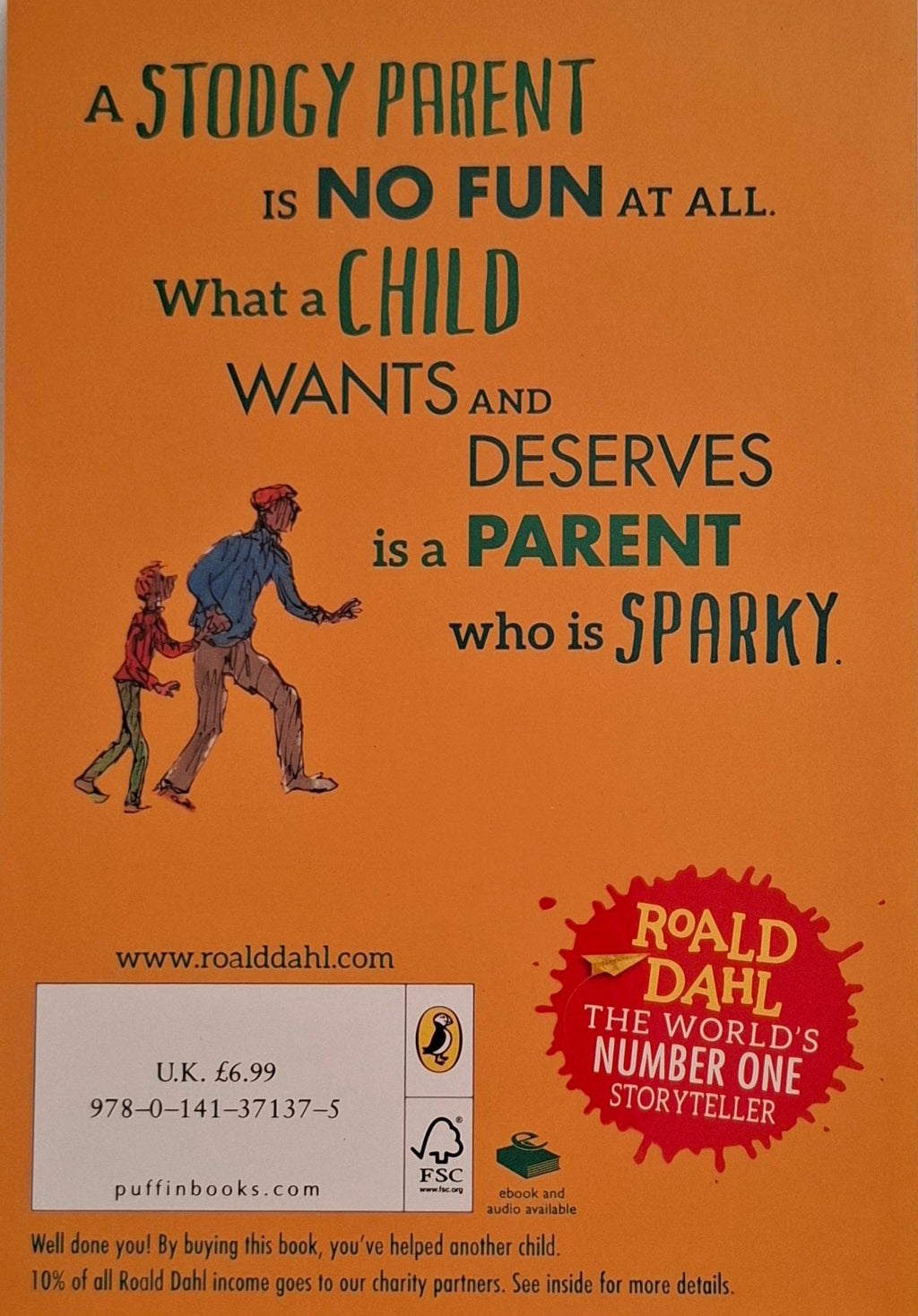 Book cover with Roald Dahl quote and illustrations on an orange background