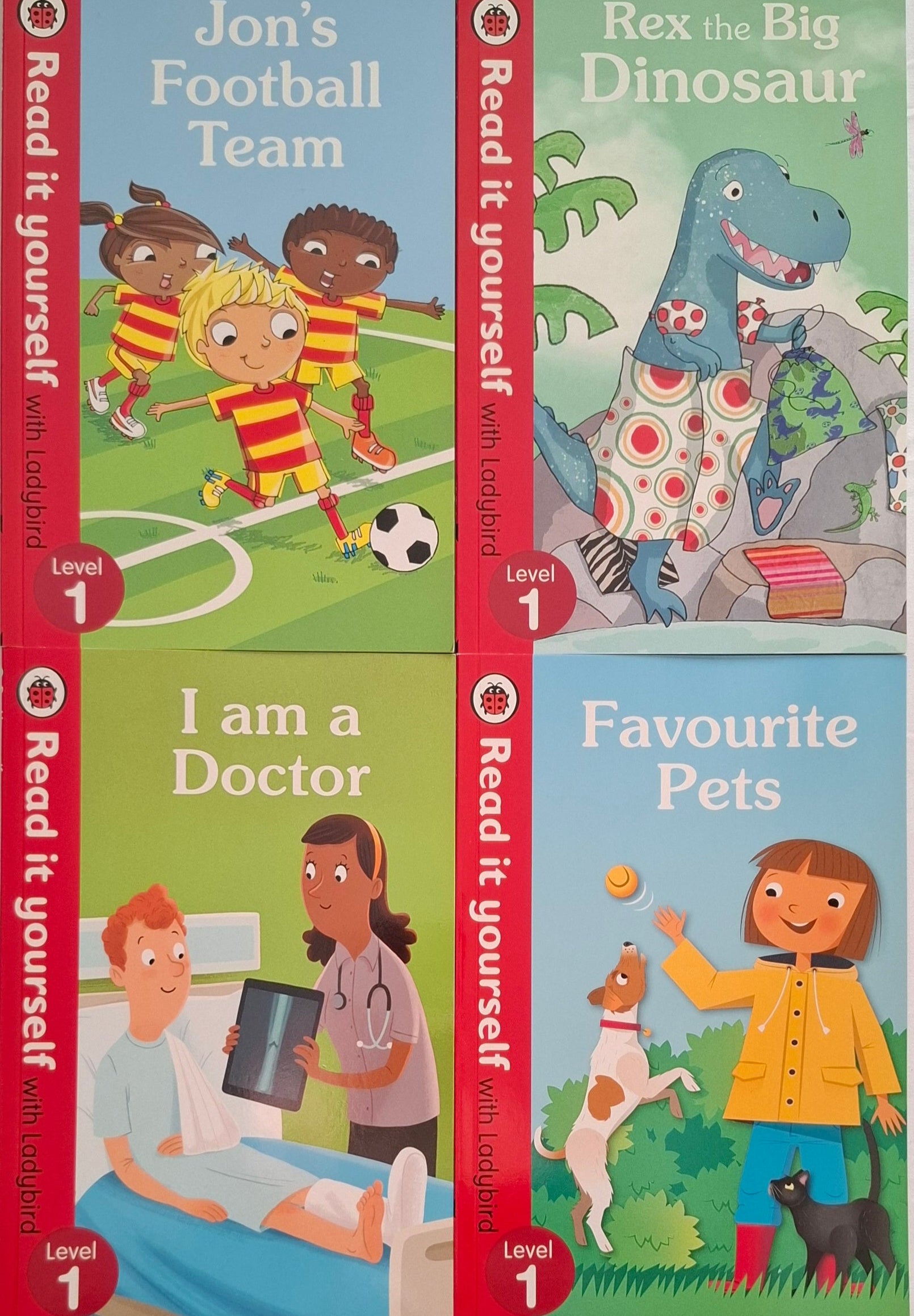Ladybird Read It Yourself Level 1, 4 book bundle - I am a Doctor, Jon'sFootball Team, Rex the Big Dinosaur, and Favourite Pets
