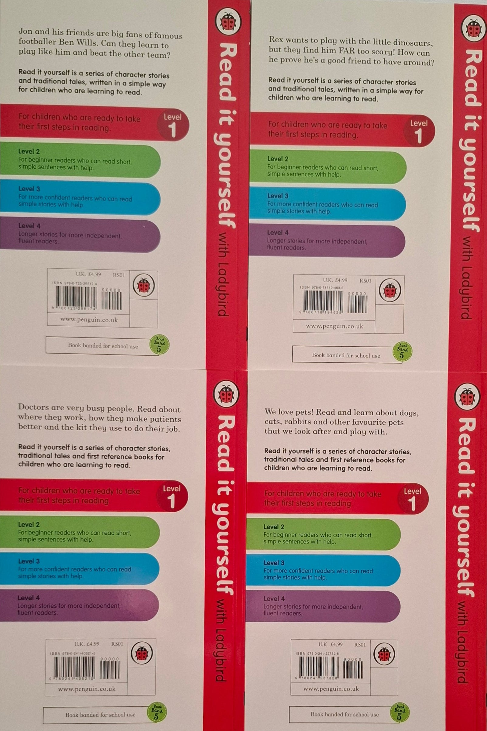 Ladybird Read It Yourself Level 1, 4 book bundle - I am a Doctor, Jon'sFootball Team, Rex the Big Dinosaur, and Favourite Pets